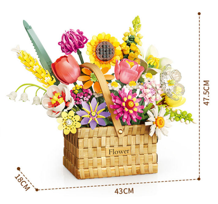 Konstruktoru ziedu grozs ar saliekamiem krāsainiem ziediem un izmēru norādēm