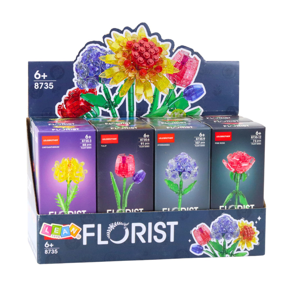 Konstruktoru ziedu kolekcija Florist ar dažādiem ziedu modeļiem iepakojumos