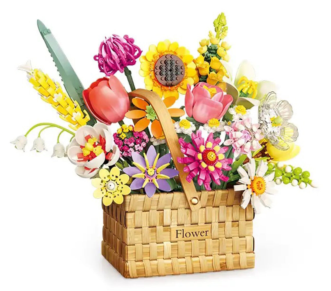 Konstruktoru ziedu pušķis grozā ar dažādu krāsu dekoratīviem ziediem