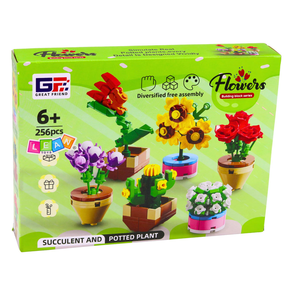 Konstruktoru ziedu un augu komplekts podiņos uz zaļa iepakojuma