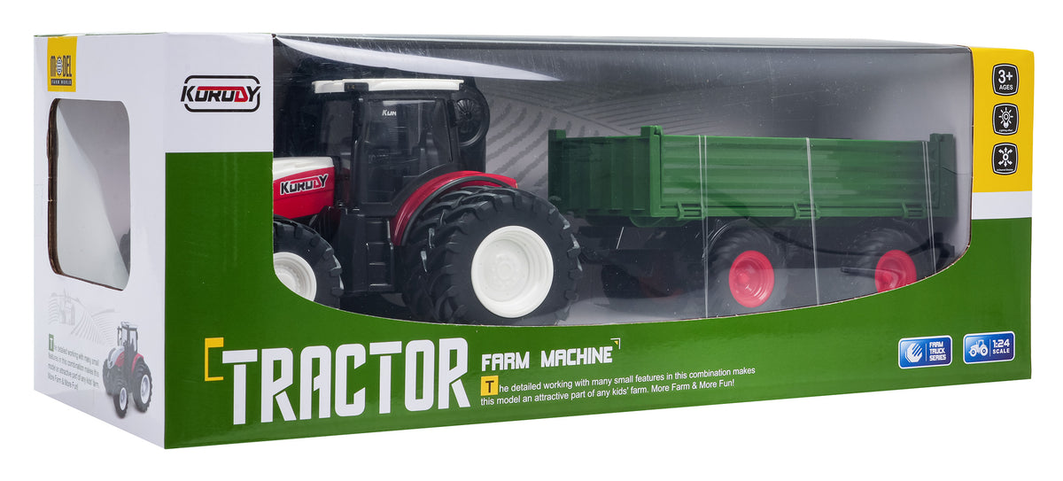 KORUDY rotaļu traktors mērogā 1:24 ar zaļu divasu piekabi, lielām gumijas riepām un detalizētu kabīni, piemērots bērnu lauksaimniecības lomu spēlēm, oriģinālajā iepakojumā