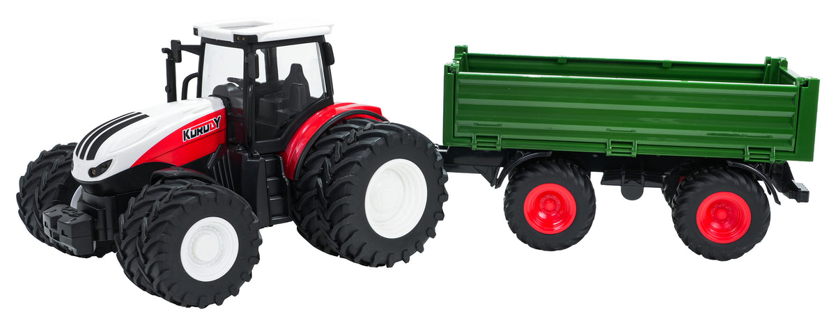 KORUDY tālvadības traktors mērogā 1:24 ar zaļu divasu piekabi, lielām gumijas riepām, baltu un sarkanu virsbūvi un detalizētu kabīni, skats no priekšpuses un sāniem