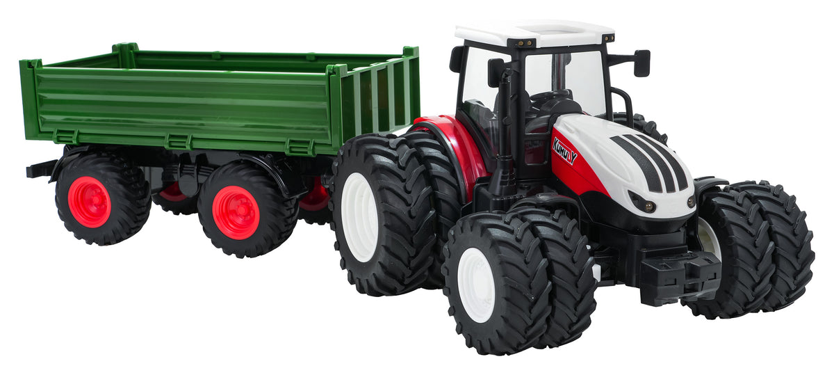 KORUDY tālvadības traktors mērogā 1:24 ar zaļu divasu piekabi, dubultajām gumijas riepām, baltu un sarkanu virsbūvi un detalizētu kabīni, skats no priekšpuses un otra sāna