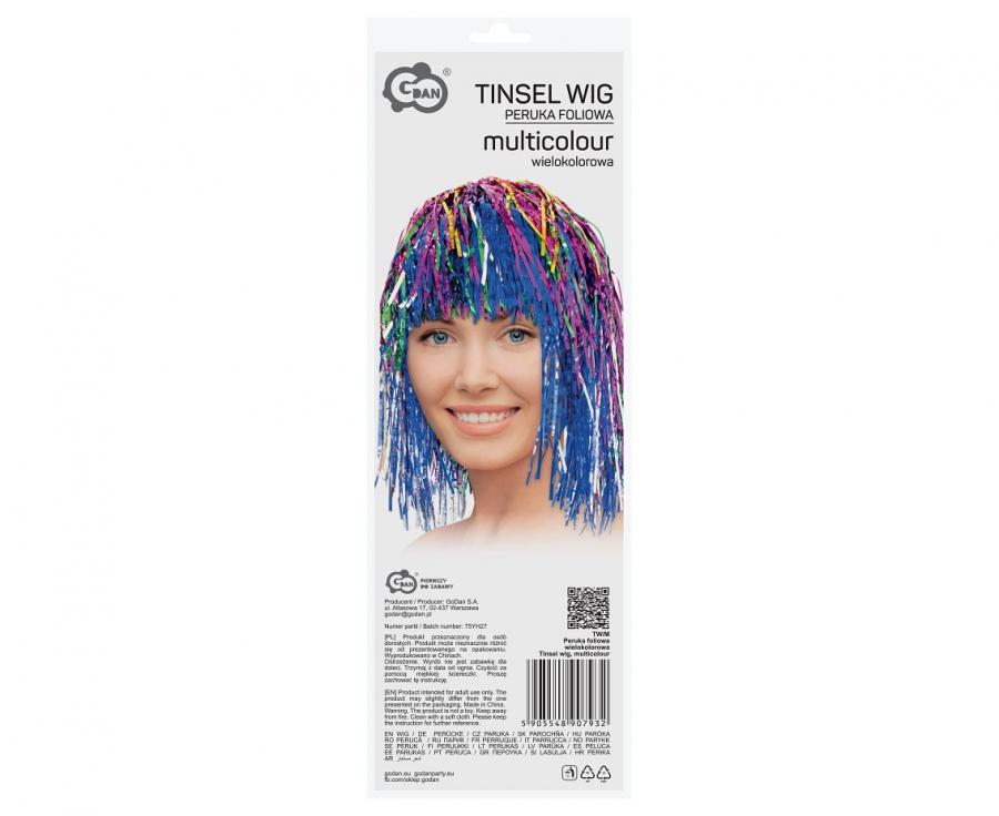 Krāsaina folijas parūka iepakojumā ar uzrakstu "Tinsel Wig"