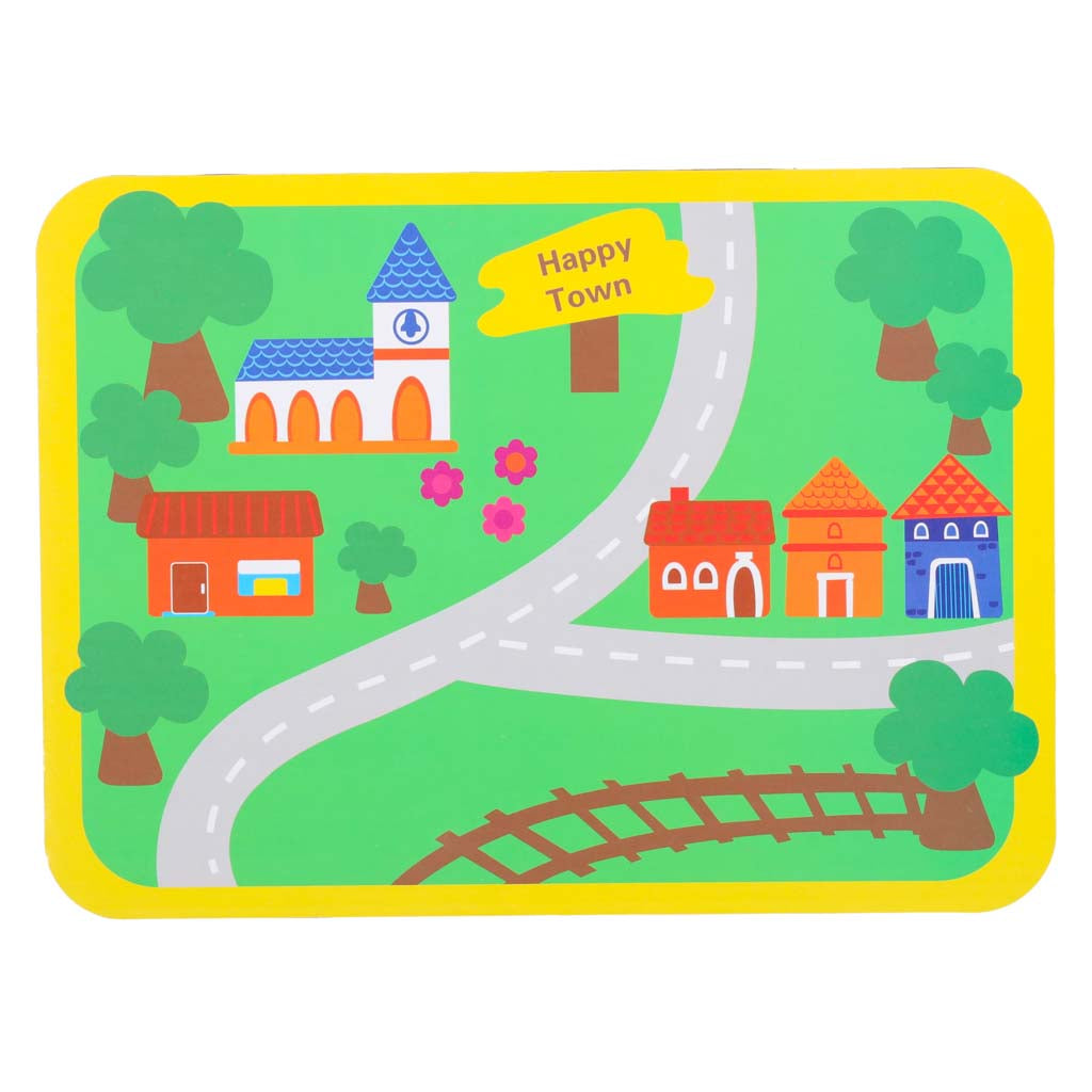 Krāsaina spēles pamatne ar ceļiem un pilsētas zīmējumu bērnu vēršanas rotaļlietai