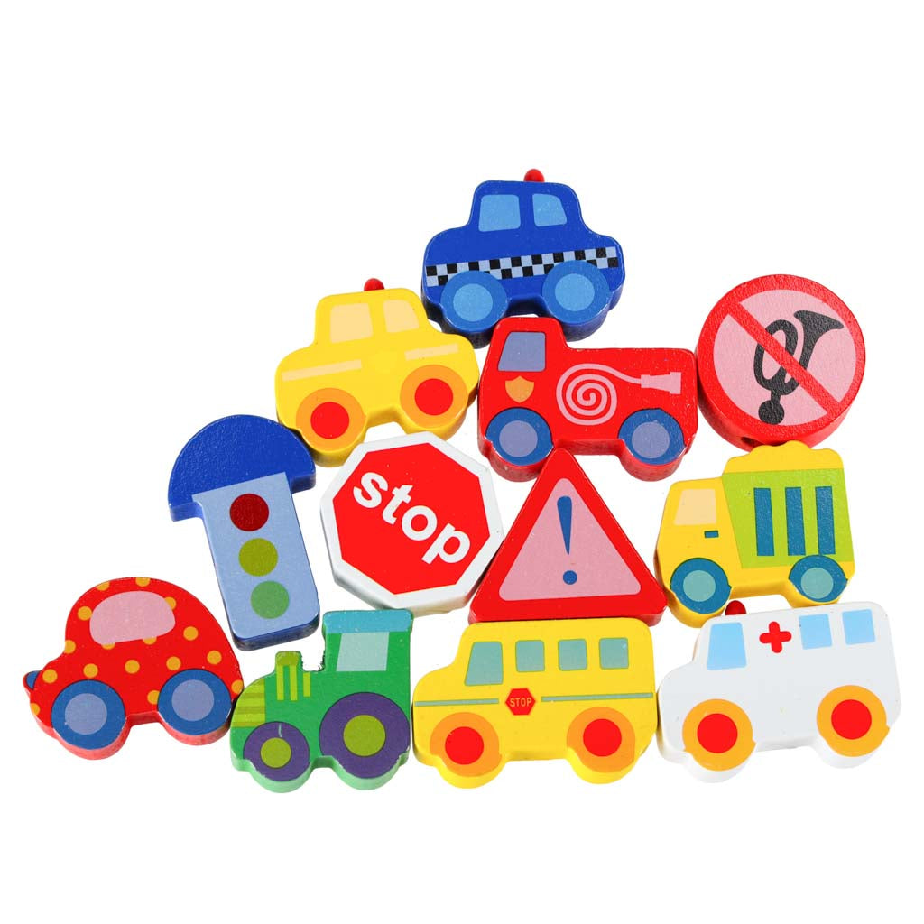 Krāsainas koka transporta figūriņas un ceļa zīmes bērnu vēršanas rotaļlietas komplektā