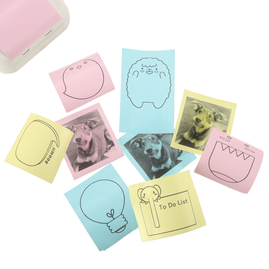 Krāsainas izdrukas uz mini termopapīra – piezīmītes ar zīmējumiem (rozā, zils, dzeltens)