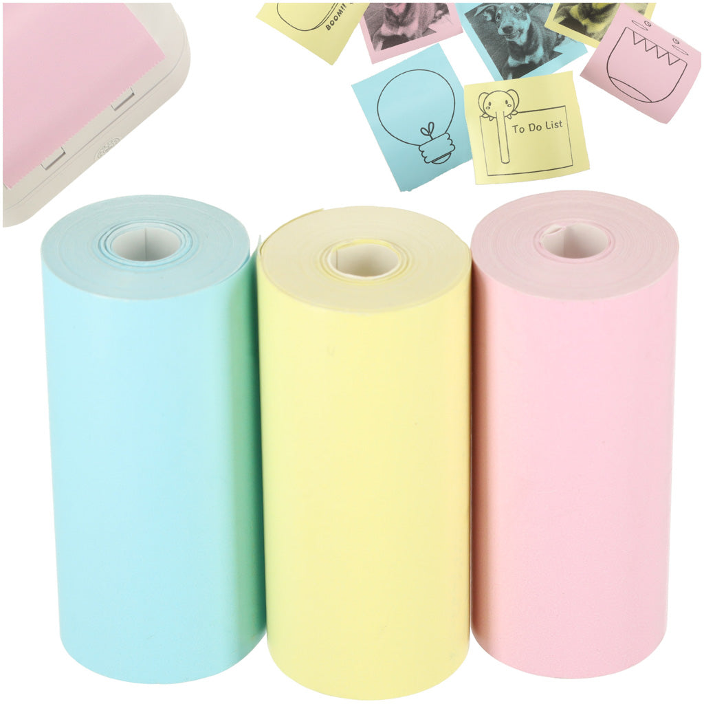 krāsainie termopapīra ruļļi mini termodrukai (zils, dzeltens, rozā)