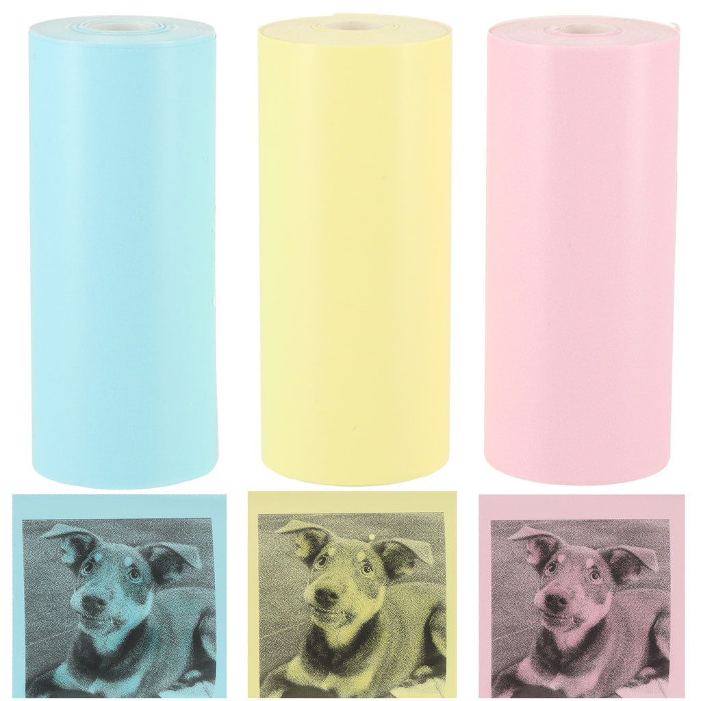 Krāsaini termopapīra ruļļi bērnu termodrukai – zils, dzeltens un rozā (5 gab.)