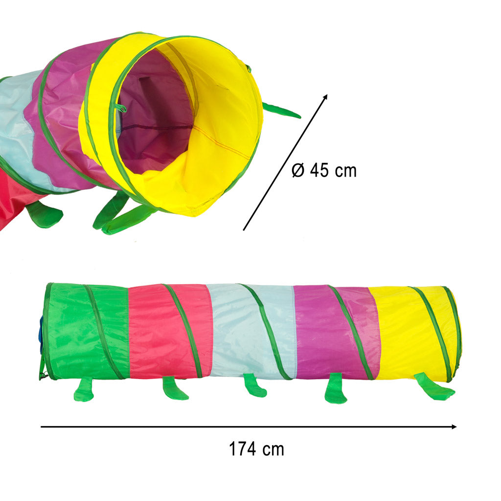 Krāsains rotaļu tunelis kāpura formā ar izmēriem garums 174cm diametrs 45 cm uz balta fona