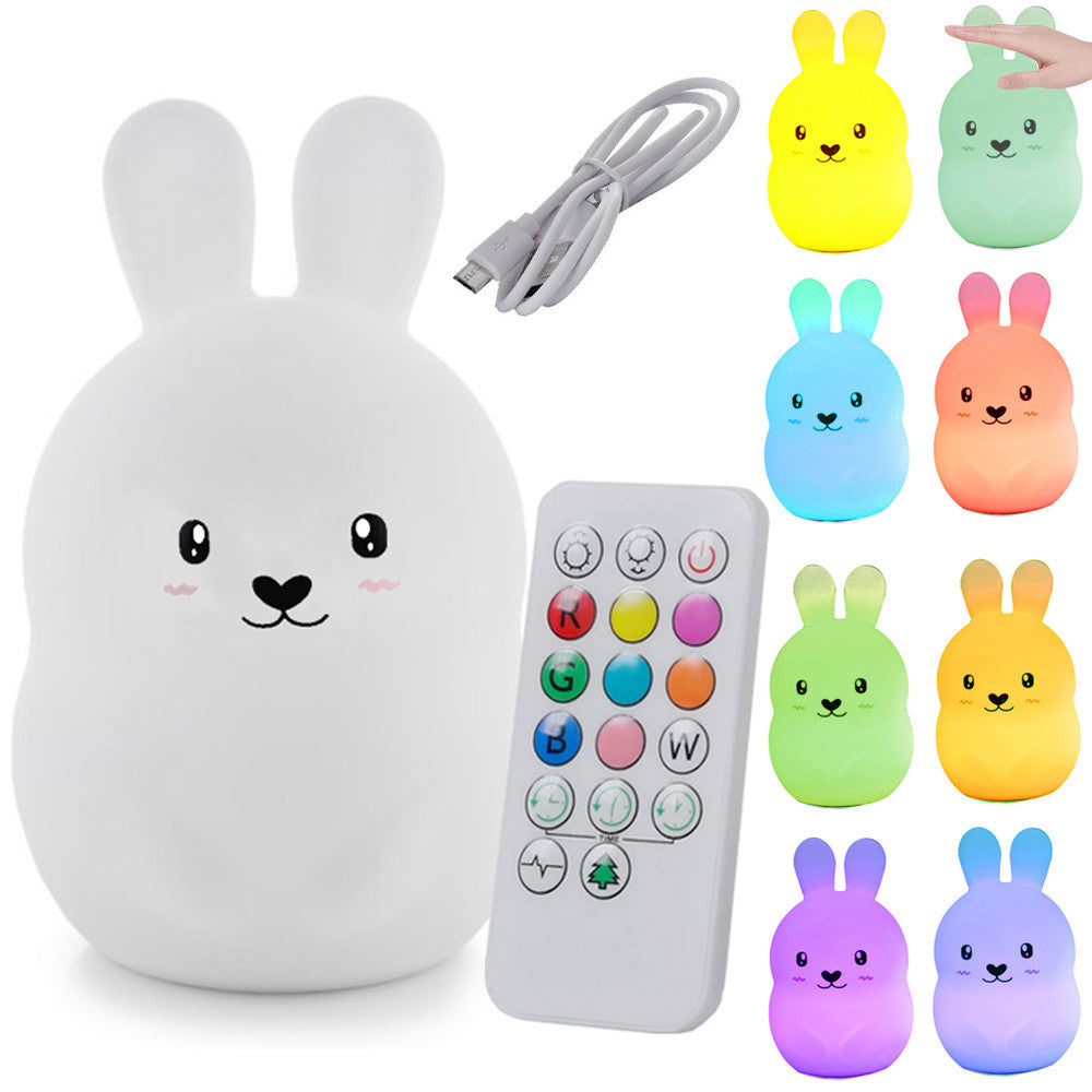 Silikona LED naktslampiņa Zaķis RGB ar tālvadības pulti un USB uzlādi