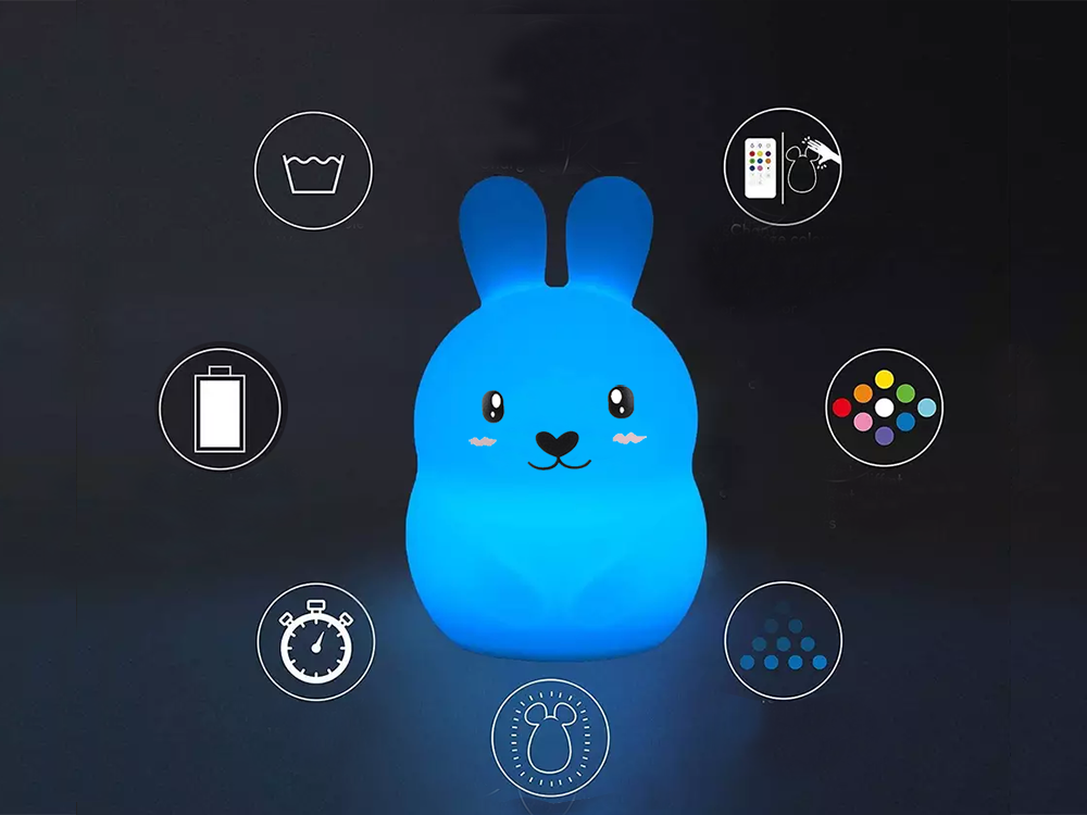 Silikona LED naktslampiņa Zaķis RGB ar tālvadības pulti un USB uzlādi