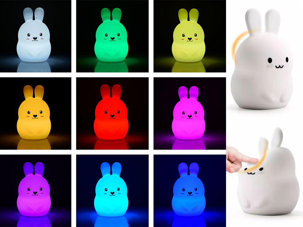 Silikona LED naktslampiņa Zaķis RGB ar tālvadības pulti un USB uzlādi