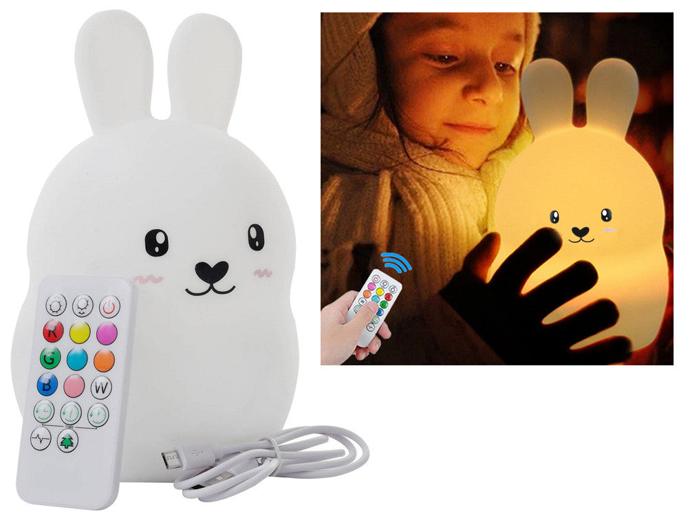 Silikona LED naktslampiņa Zaķis RGB ar tālvadības pulti un USB uzlādi