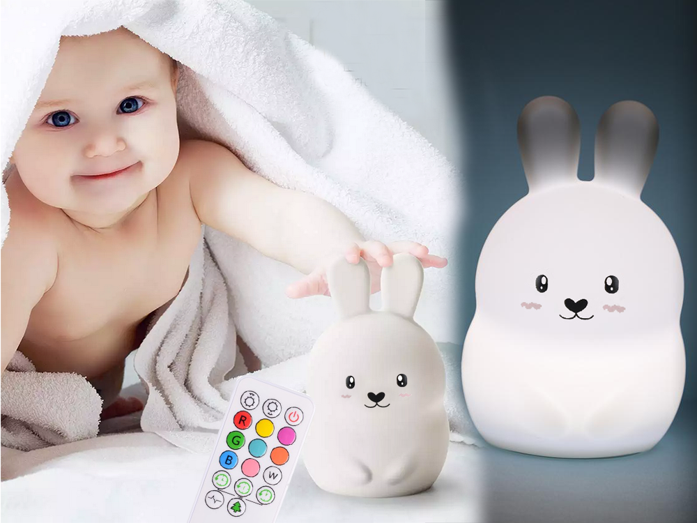 Silikona LED naktslampiņa Zaķis RGB ar tālvadības pulti un USB uzlādi