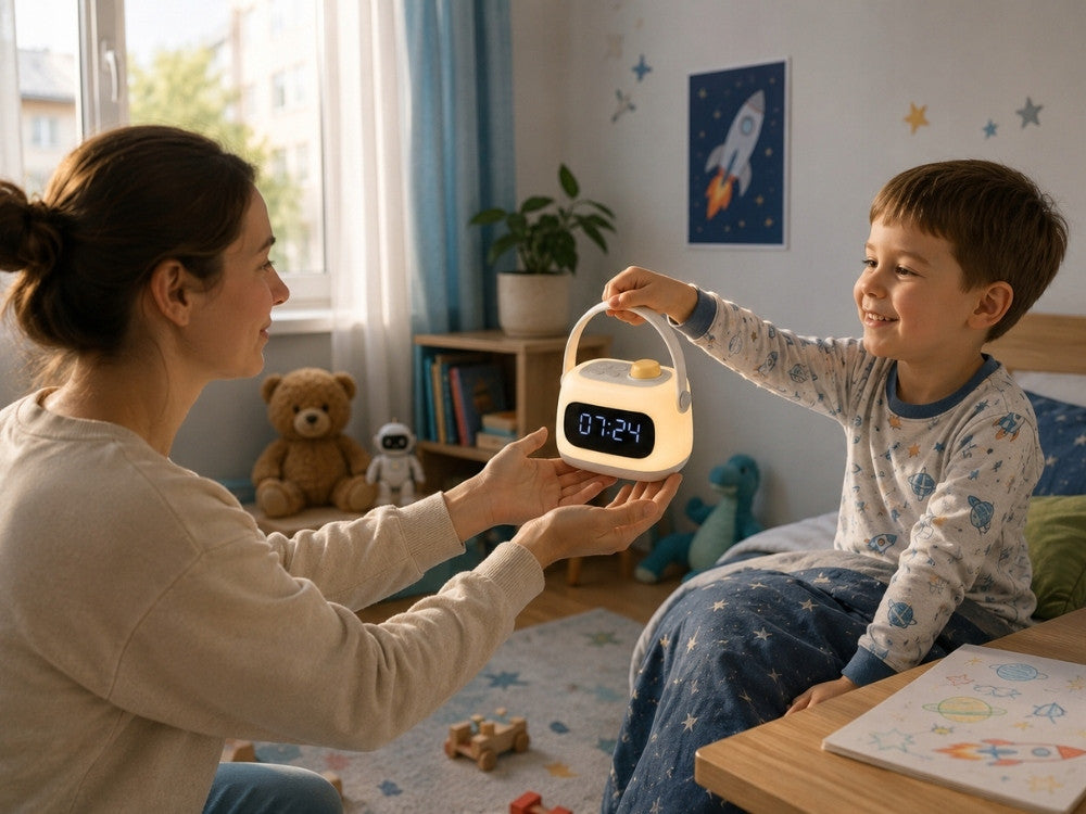 LED naktslampiņa ar digitālo pulksteni bērna rokās bērnu istabā