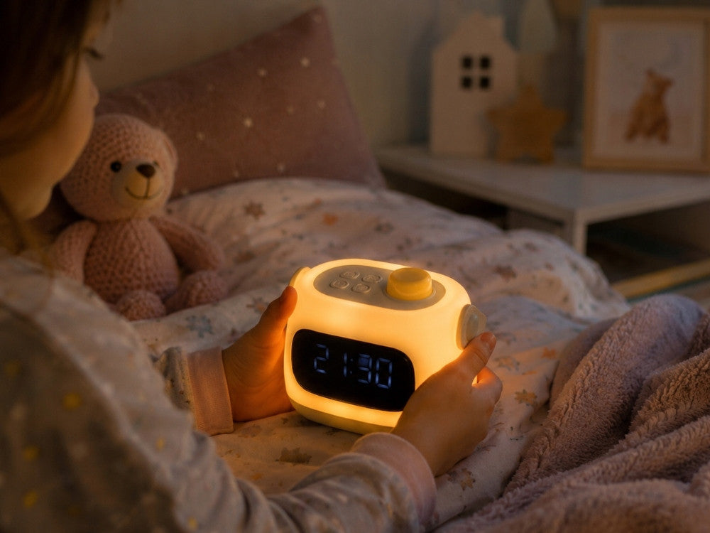 LED naktslampiņa ar digitālo pulksteni bērna rokās, silti balta gaisma