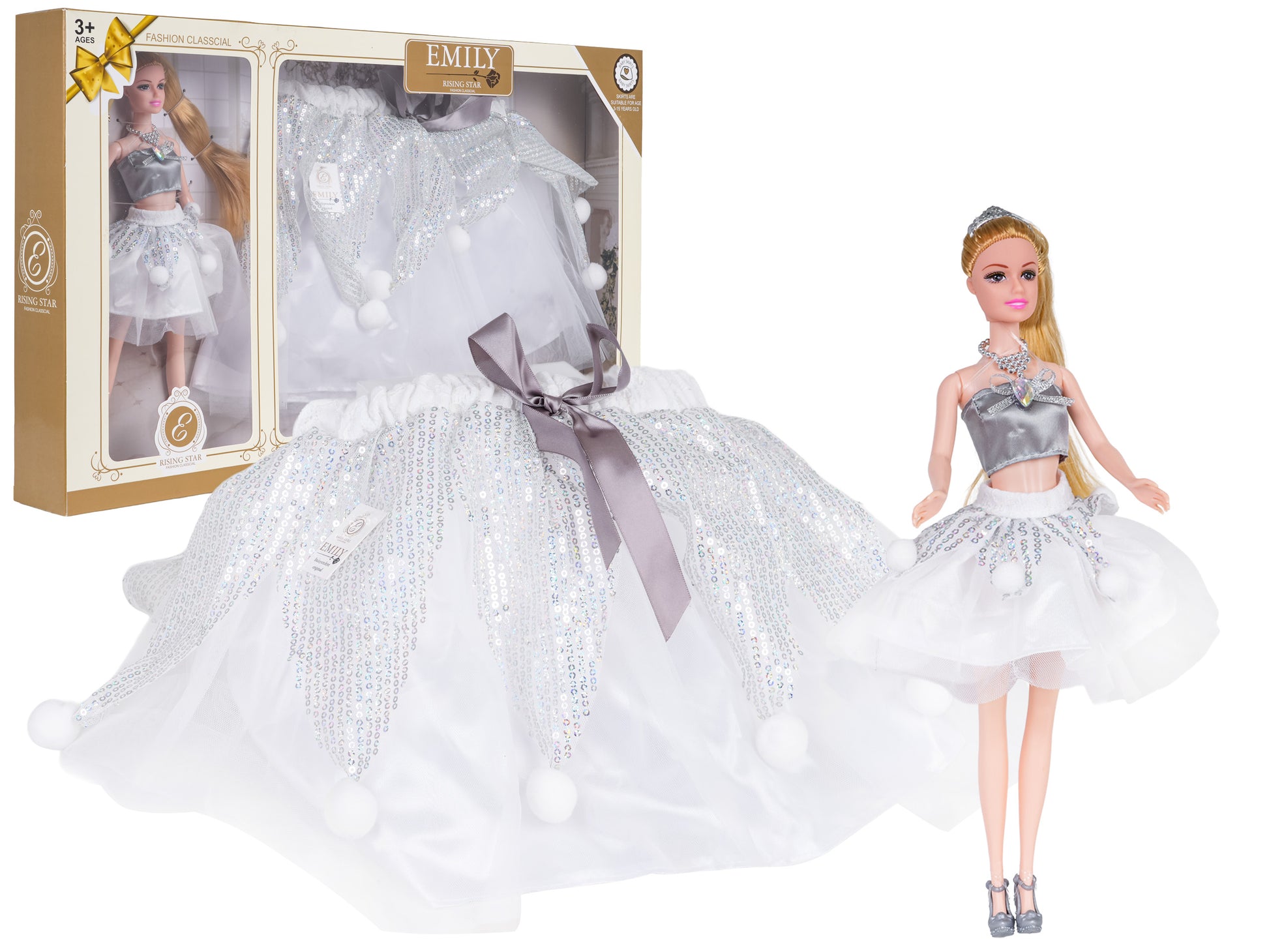 Lelle Emily ar spīdīgu sudraba topiņu un baltu tilla svārku komplektu, ietver arī identiskus svārkus bērnam