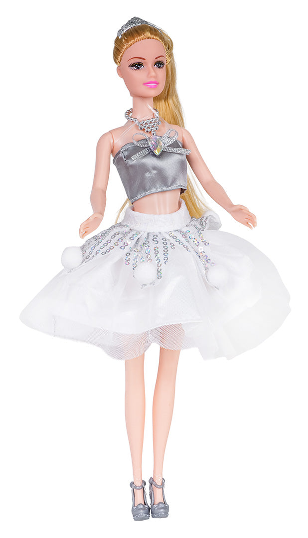 Modes lelle ar gariem matiem, sudraba topiņu un baltu spīguļotu tilla svārku