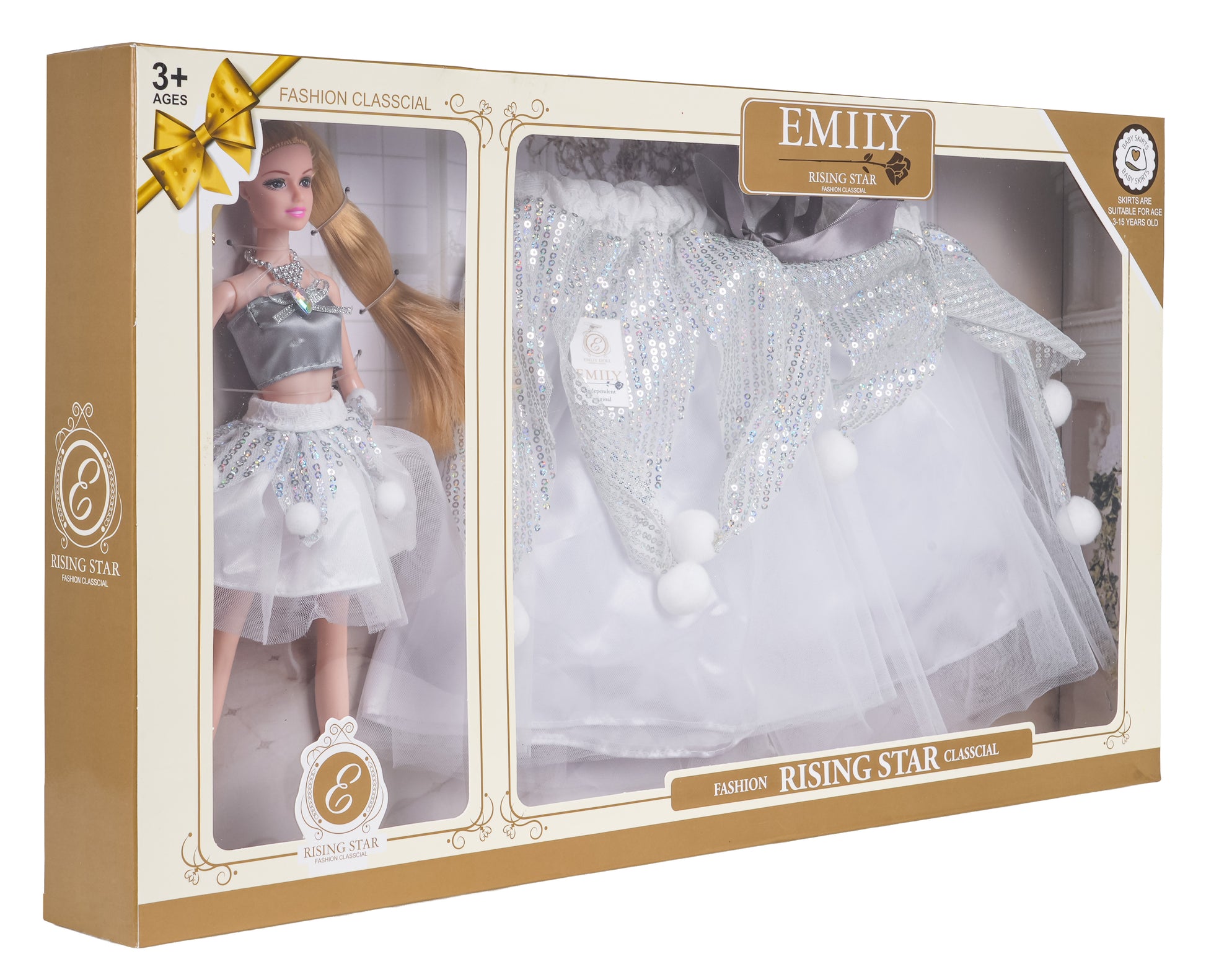 Lelle ar saskaņotiem meitenes svārkiem dāvanu kastē