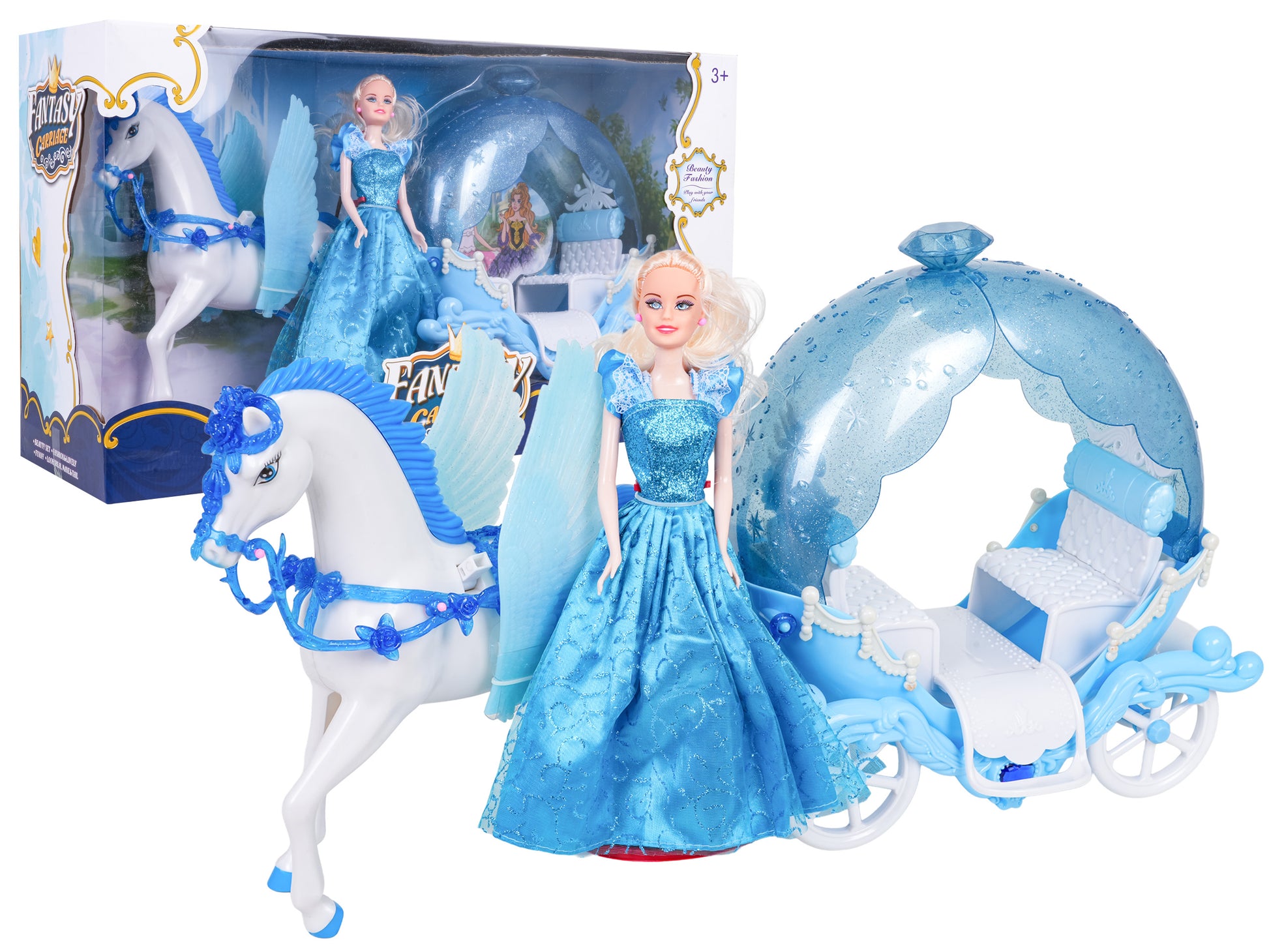 Leļļu komplekts ar zirdziņu, ratiem un princeses lelli zilā kleitā, 3+, ar kasti