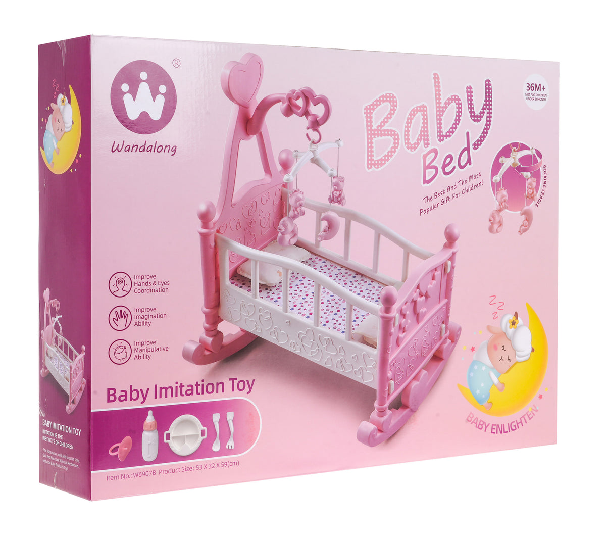 Leļļu šūpulītis Baby Bed rozā krāsā ar karuseli un piederumiem, 36 mēn.+