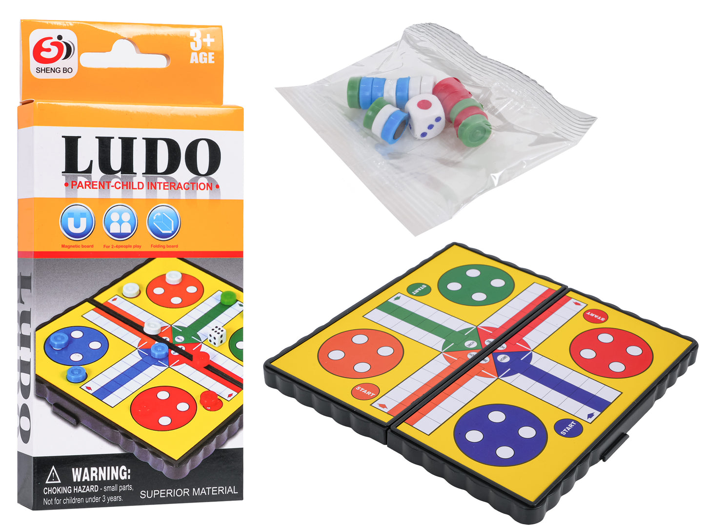 Magnētiskā Ludo galda spēle metāla kastītē ar salokāmu laukumu, 16 bandiniekiem un kauliņu, ceļojumu izmērs