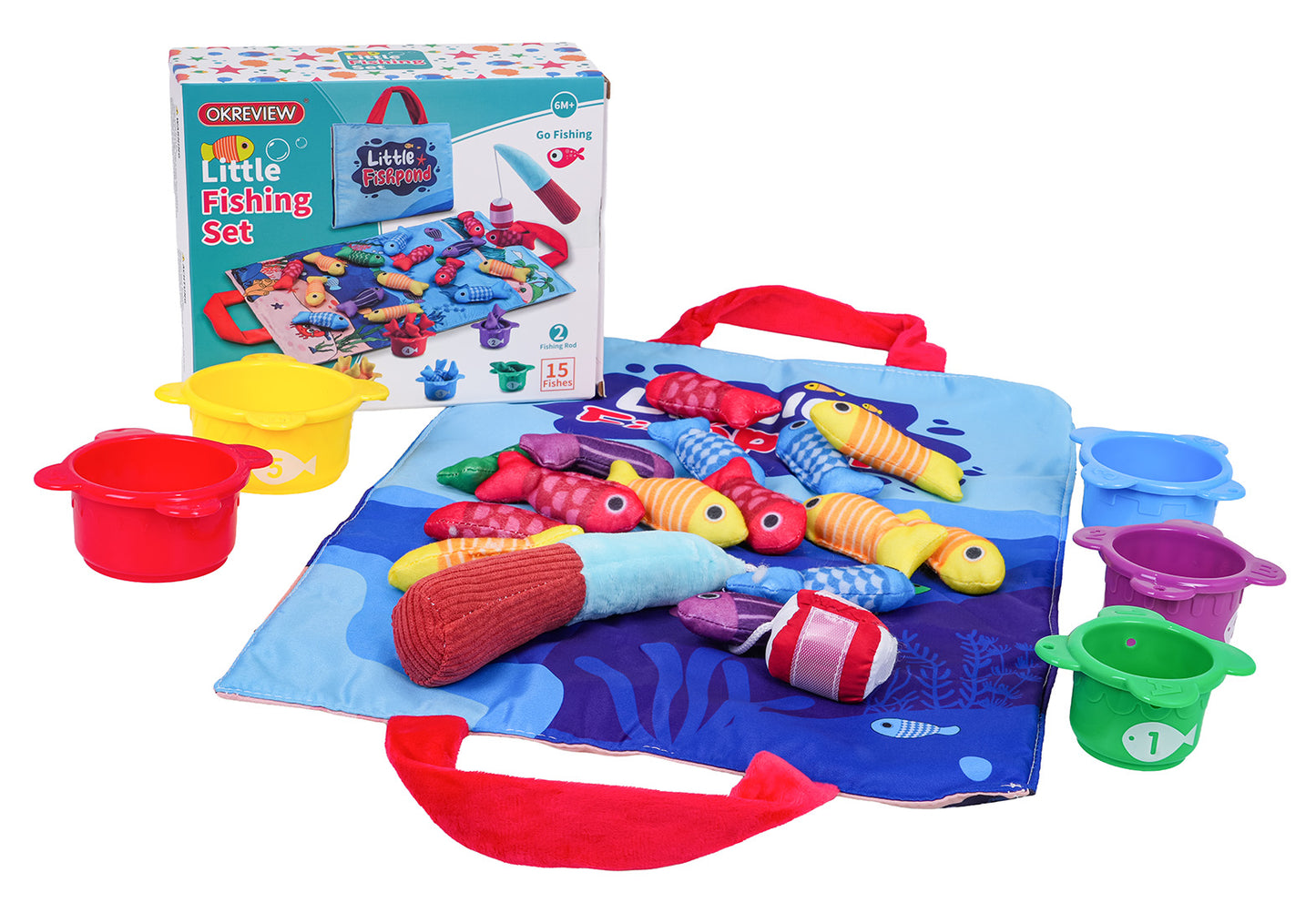 mīksto rotaļu makšķerēšanas komplekts ar paklājiņu, krāsainām zivtiņām, makšķeri un kausiņiem
