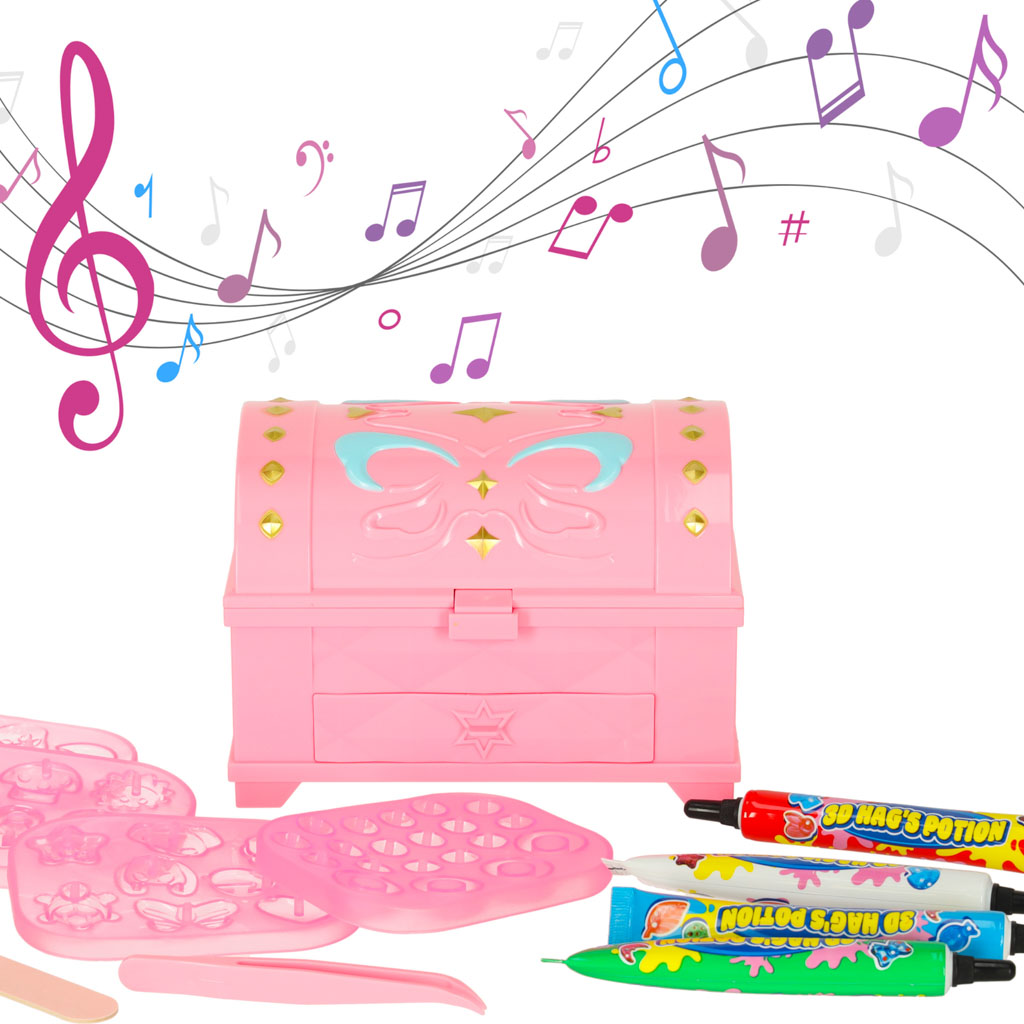 Rozā “Magic Box” radošais komplekts ar mūzikas efektiem, formiņām un krāsainām gēla līmes tūbiņām.