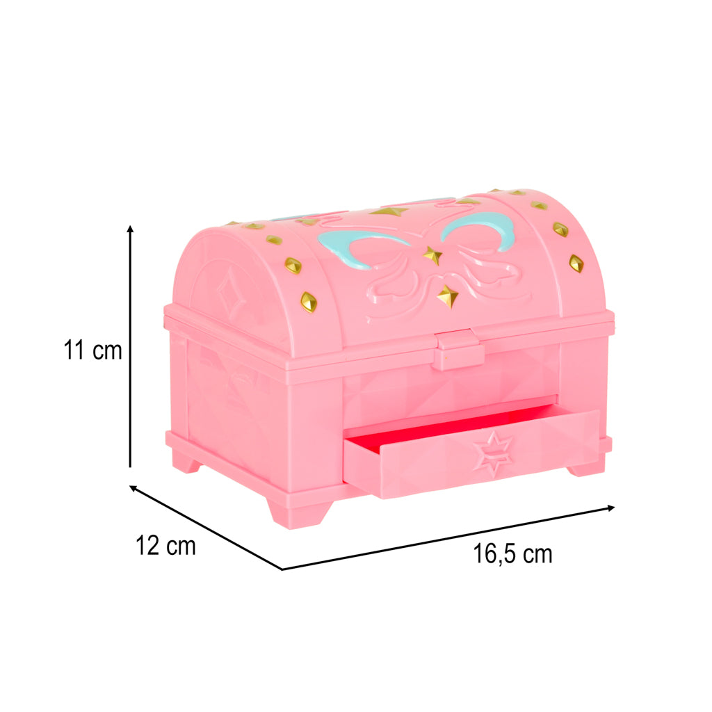 Rozā Magic Box rotu kaste ar atvilktni un norādītiem izmēriem 11×12×16,5 cm.