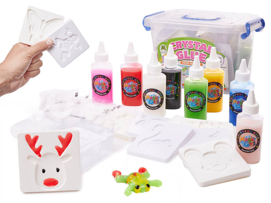 Magic Glue 3D komplekts kastē — 8 krāsainas gēla pudeles, 10 veidnes, konteiners un sacietēšanas granulas figūru izgatavošanai