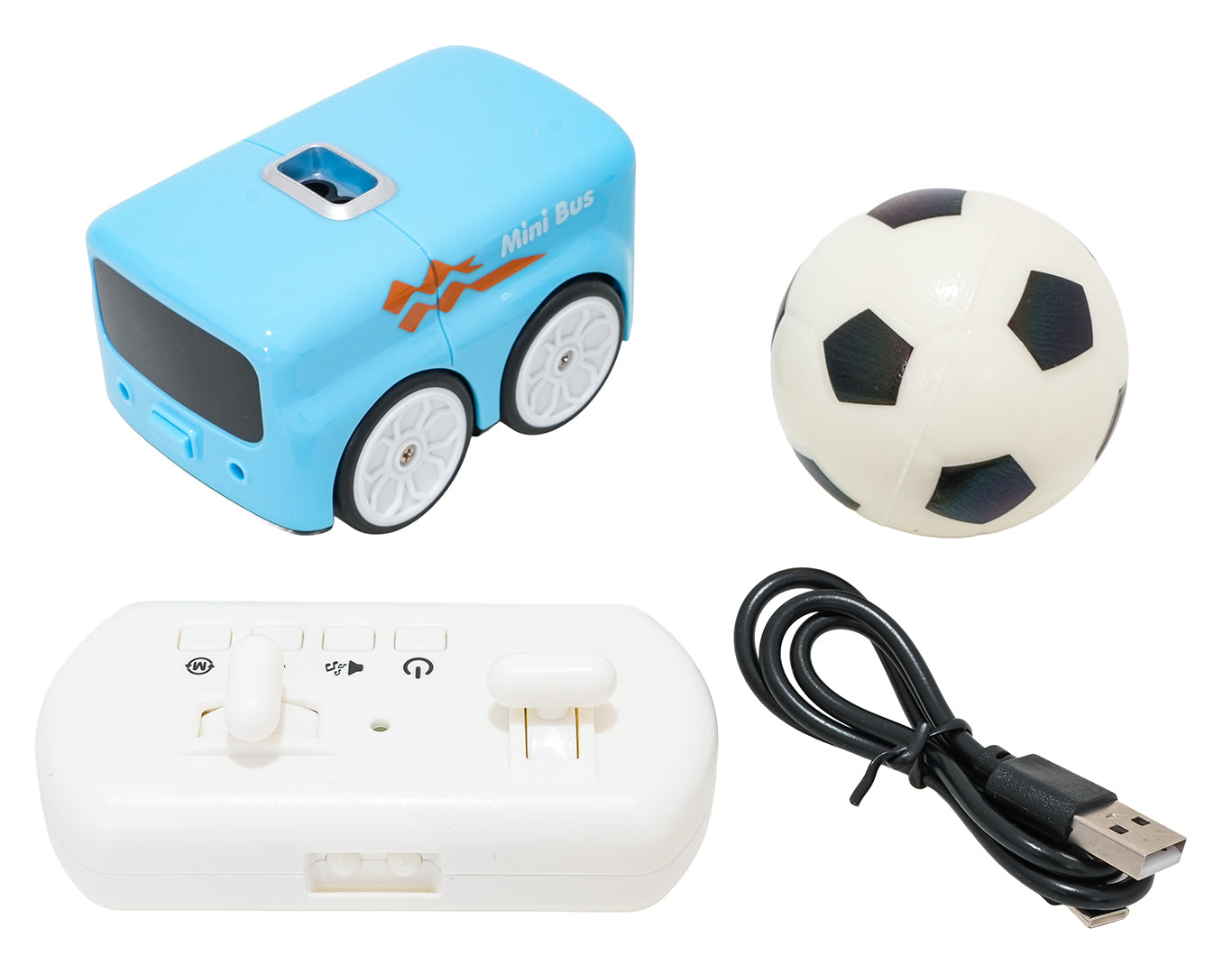 “Magic Mini Bus” komplekts – mini autobuss, bumbiņa, tālvadības pults un USB uzlādes kabelis