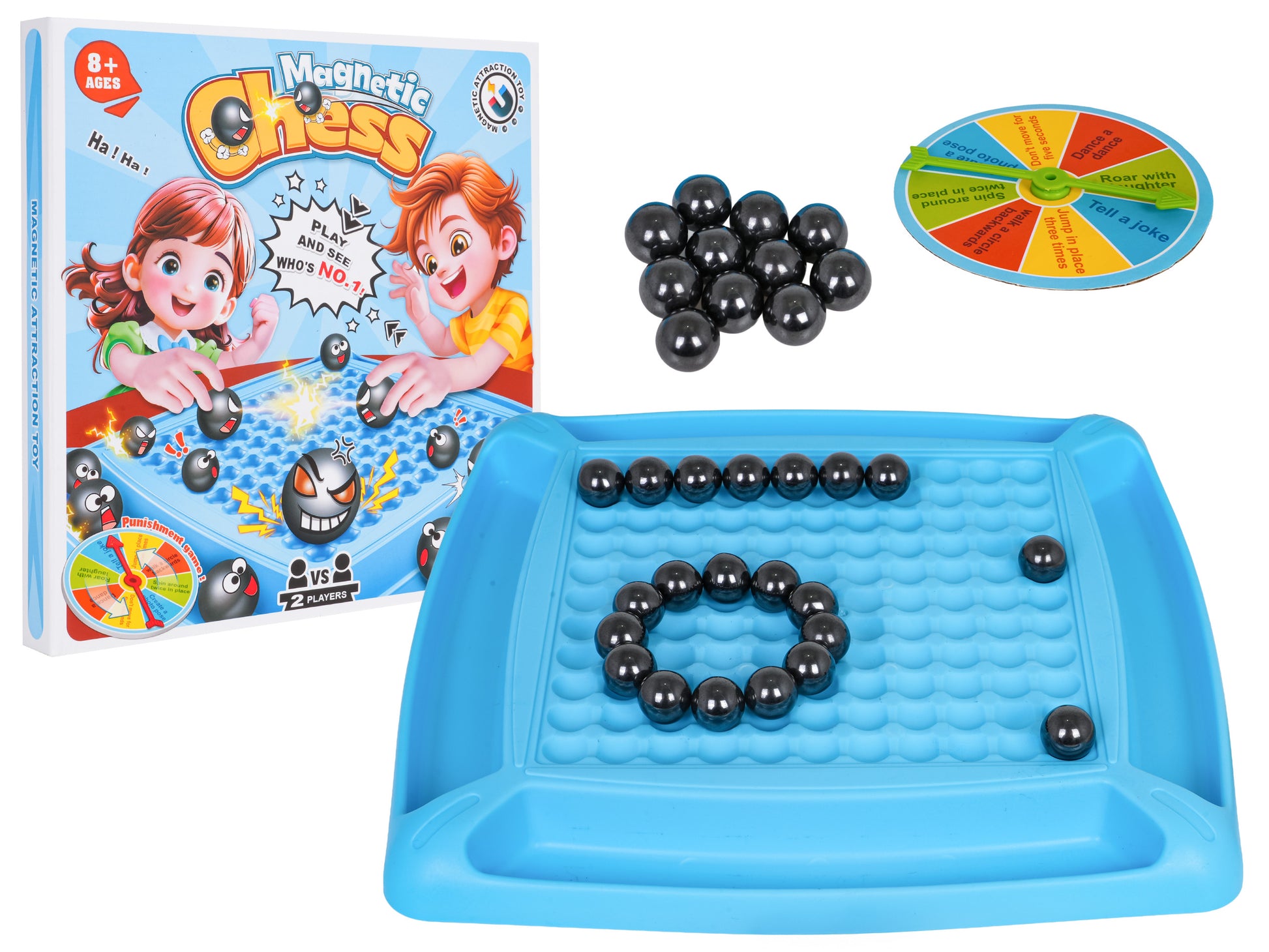 Magnētiskā galda spēle “Magnetic Chess” ar zilu laukumu, melnām magnētiskām bumbiņām un spēles noteikumu ripu
