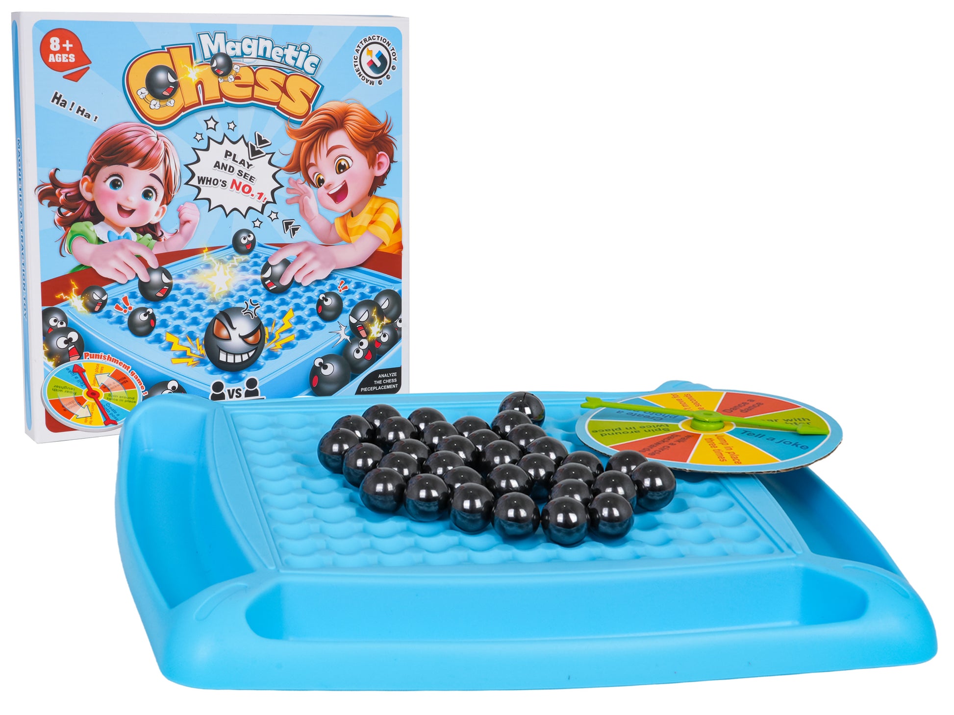 Magnētiskā galda spēle ar 32 melnām magnētiskām bumbiņām, izaicinājumu ratu un zilu spēles laukumu