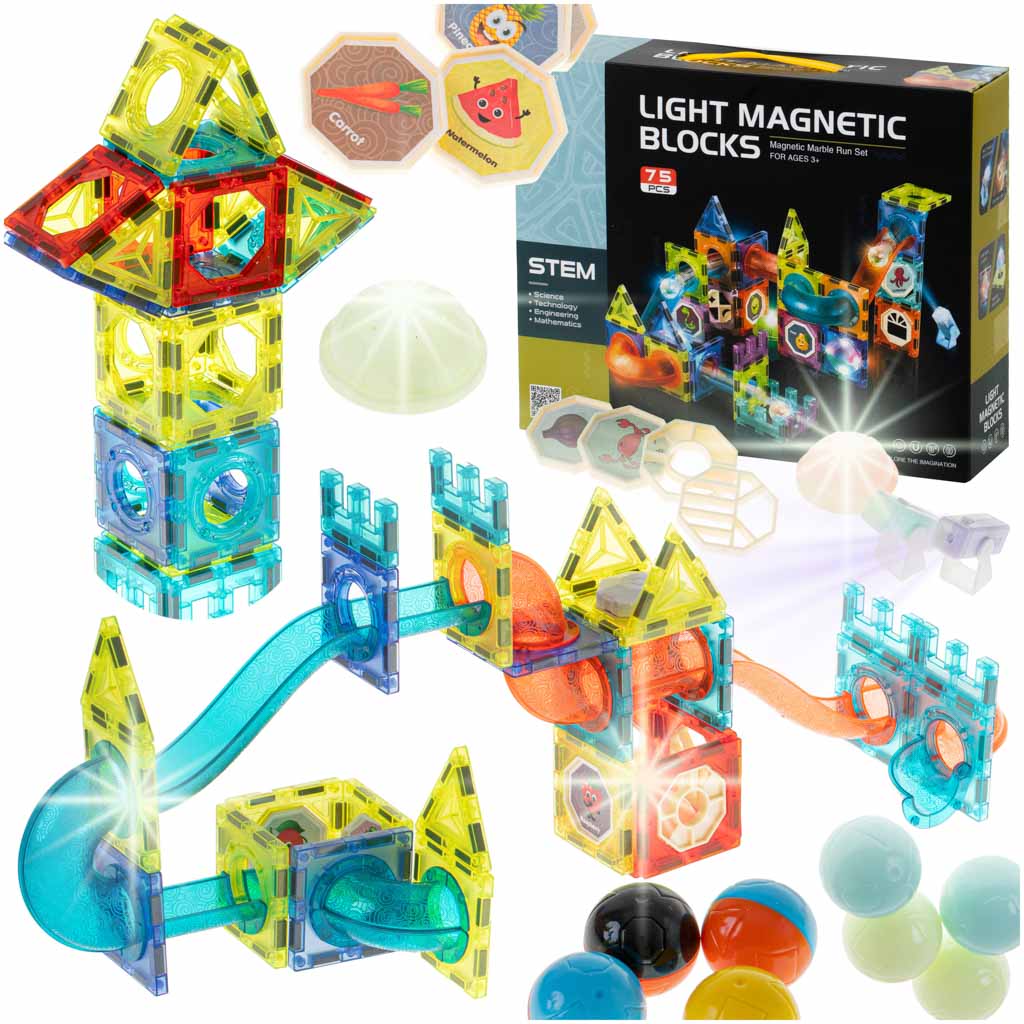 Magnētiskā bumbiņu trase Light Magnetic Blocks ar gaismas elementiem 75 gabali