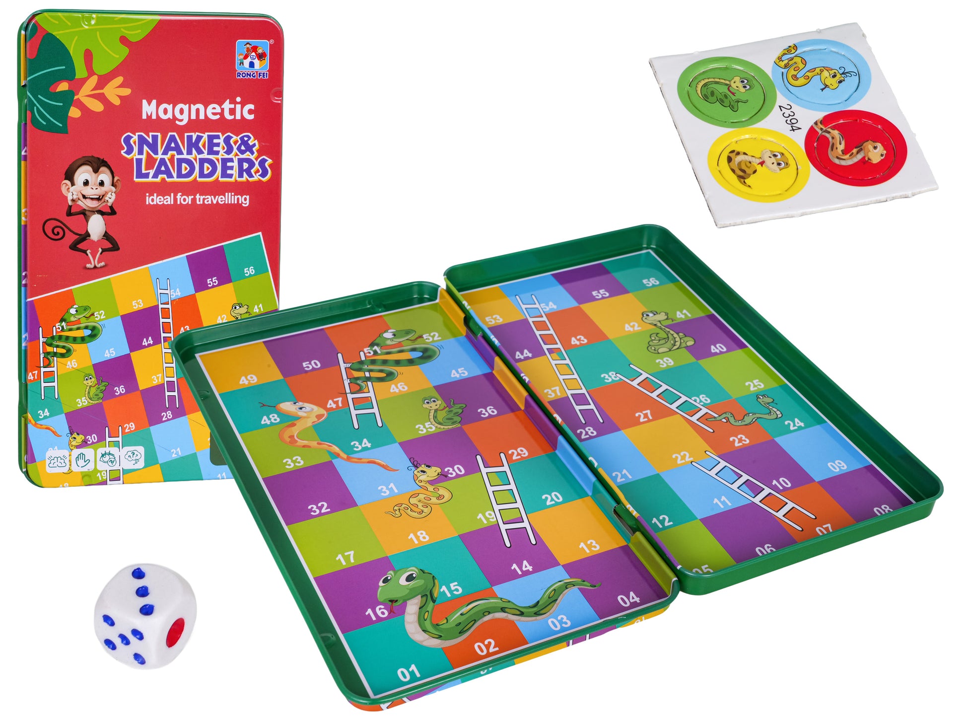 Magnētiskā ceļojumu galda spēle “Snakes & Ladders” atvērtā metāla kastē ar košu numurētu laukumu, čūskām, kāpnēm, magnētiskiem spēļu žetoniem un metamā kauliņa komplektu.