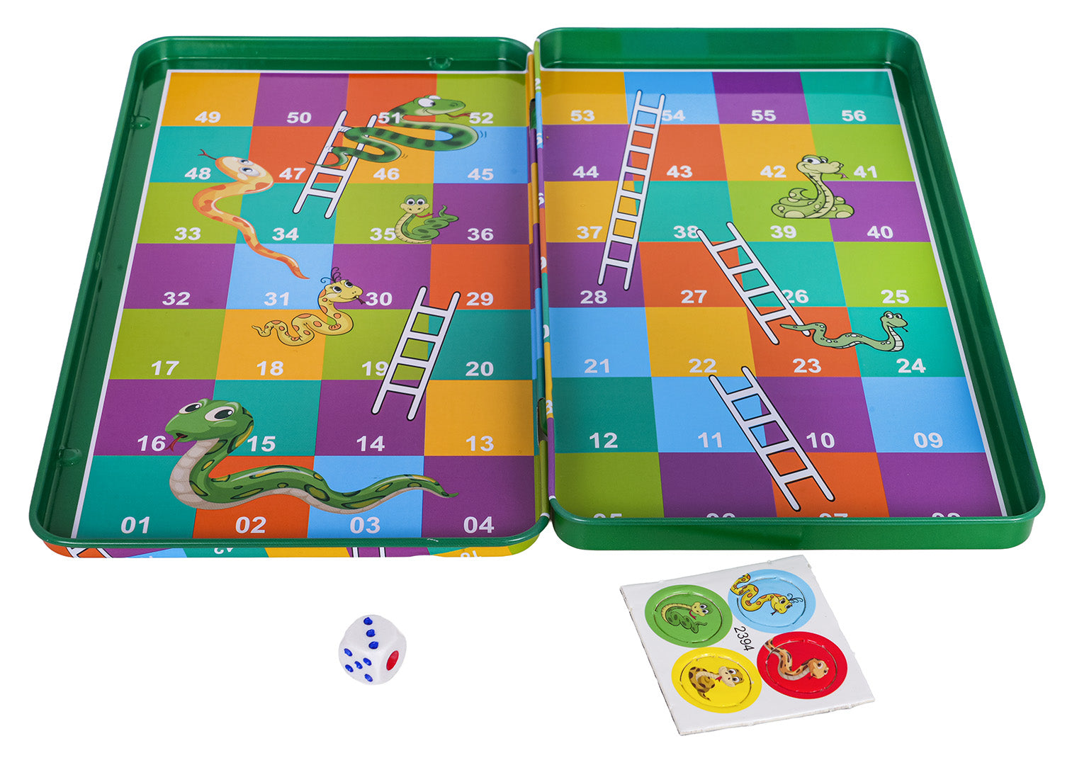 Magnētiskā Snakes & Ladders galda spēle ar atvērtu košu numurētu laukumu, metamā kauliņa figūriņām un uzlīmēm ar čūskas, pērtiķa un citas figūras attēliem.