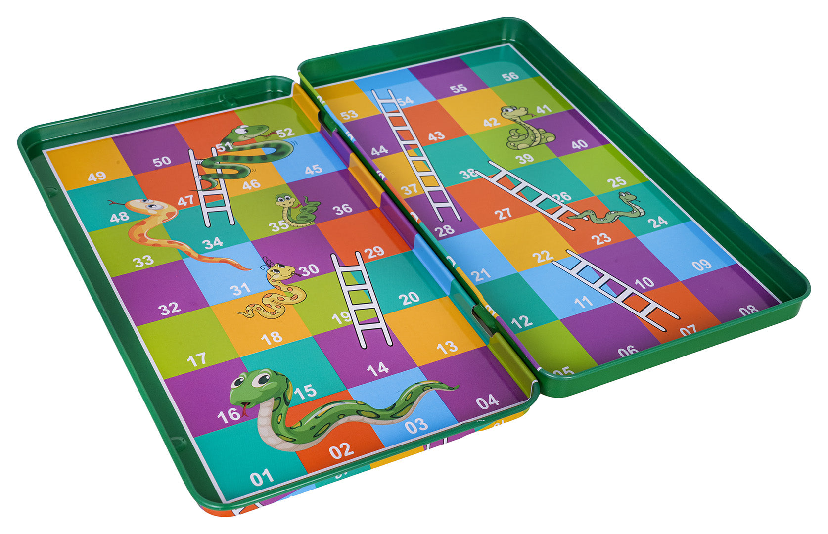 Atvērta magnētiskā Snakes & Ladders galda spēles metāla kastīte ar košu numurētu laukumu, čūsku un kāpņu ilustrācijām.