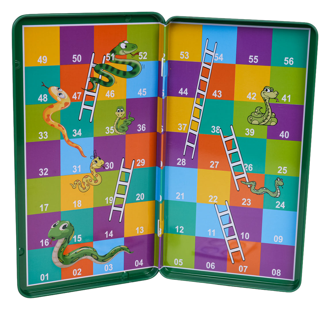 Magnētiskā ceļojumu spēle “Kāpnes un čūskas” atlocītā metāla kastē