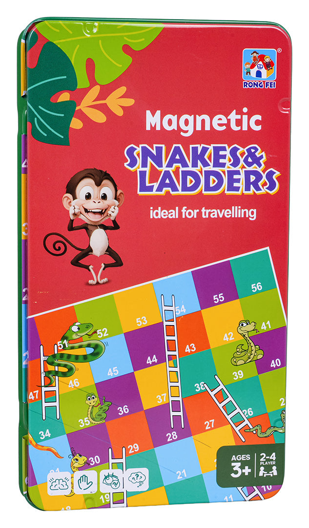 Bērnu magnētiskā galda spēle “Snakes & Ladders” metāla kastē ar košu spēles laukumu, čūskām un kāpnēm, piemērota ņemšanai līdzi ceļojumos.