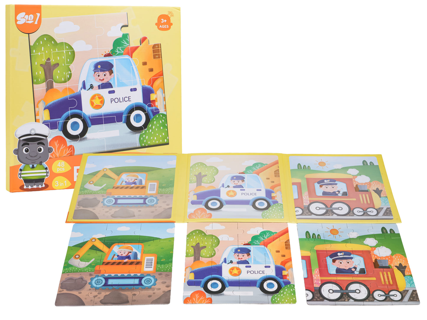 Magnētiskā transportlīdzekļu puzle grāmatā bērniem no 3 gadiem – ekskavators, policijas auto un lokomotīve (48 detaļas)