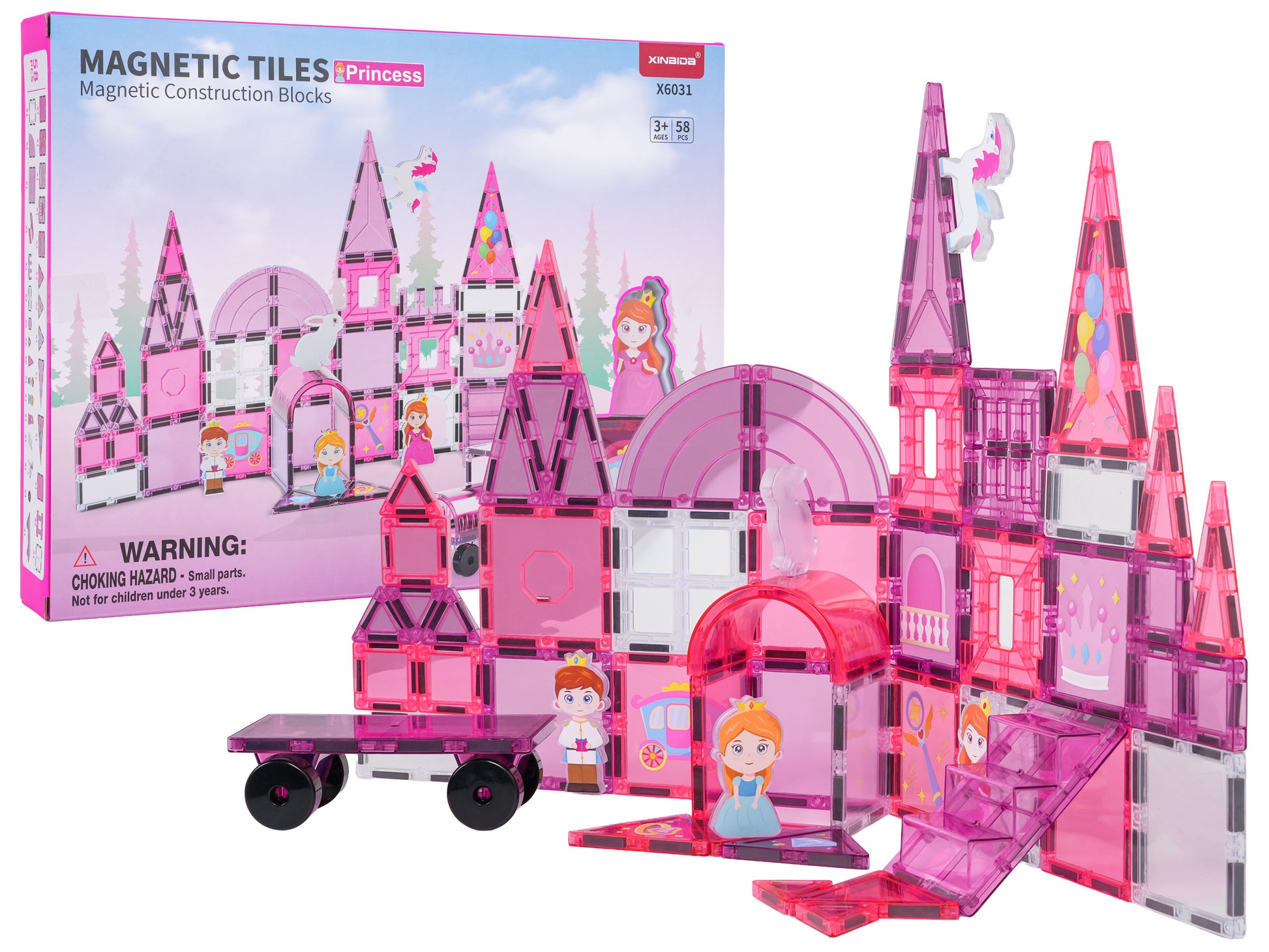 Magnētiskais konstruktors Princess pils ar 58 detaļām un kasti, rozā, 3+
