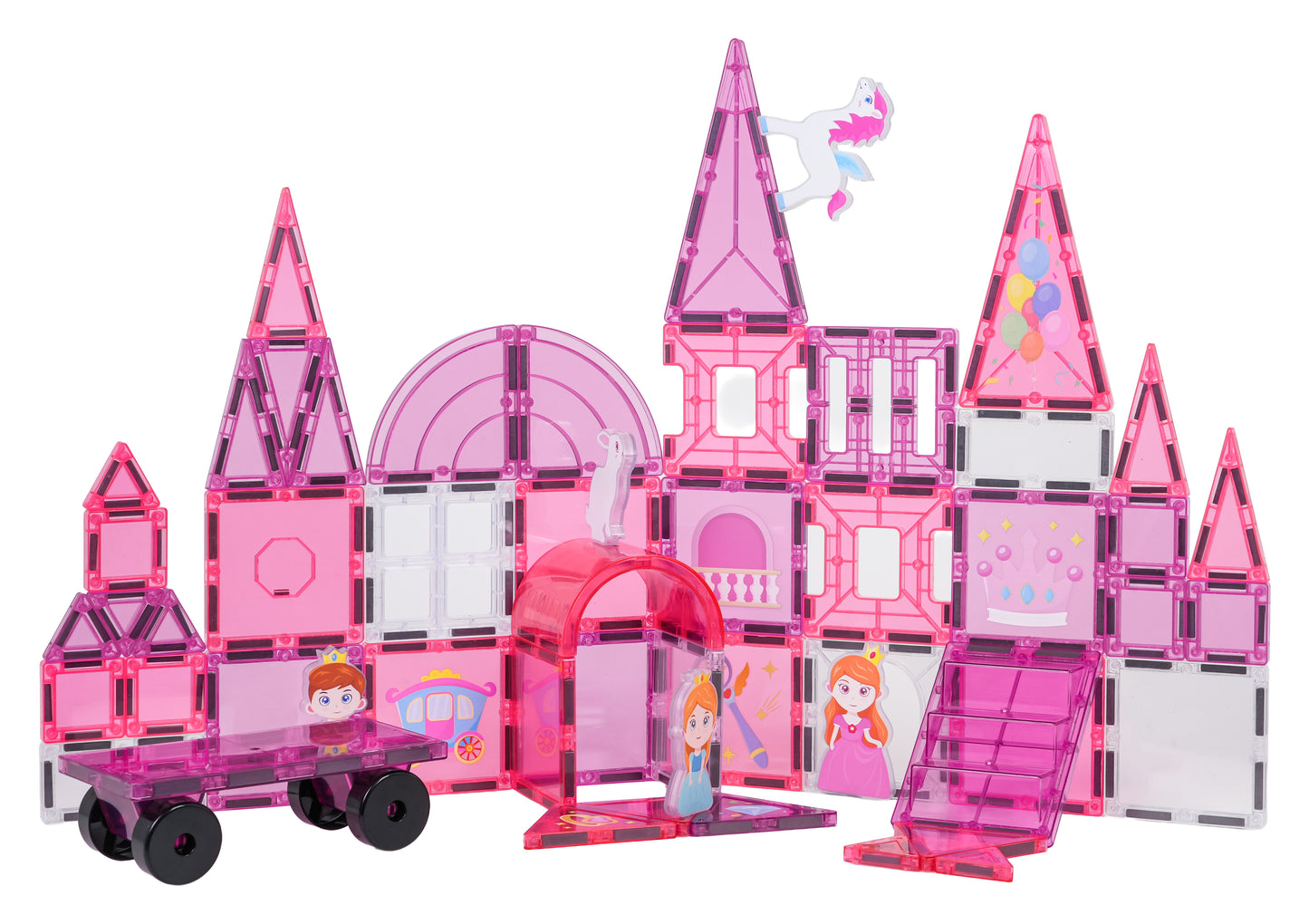 Magnētiskais konstruktors rozā pils ar princesēm, vienradzi un ratu platformu, 3+