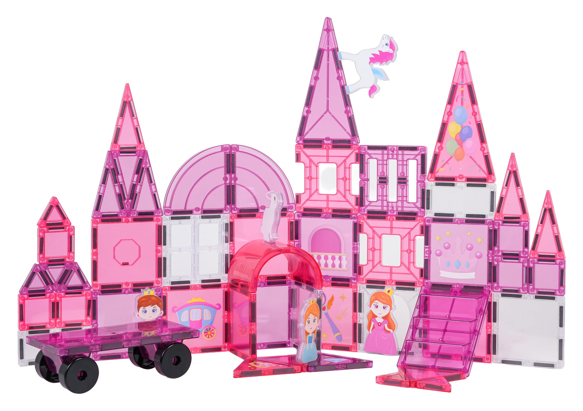 Magnētiskais konstruktors rozā pils ar princesēm, vienradzi un ratu platformu, 3+
