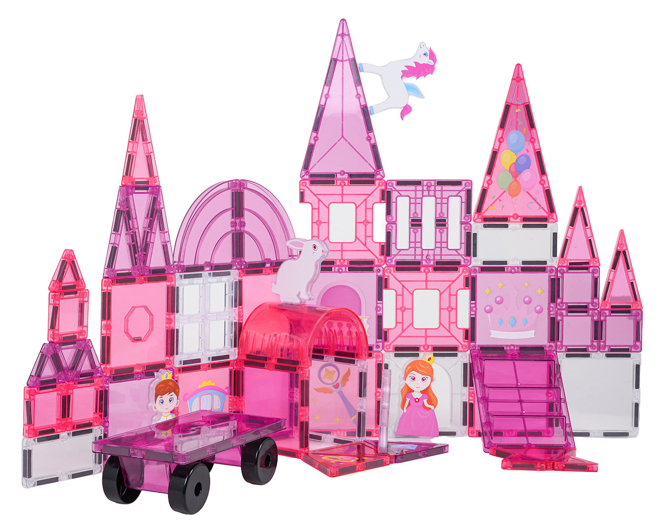 Rozā magnētiskais pils konstruktors ar princesēm, vienradzi un ratiņiem, 3+