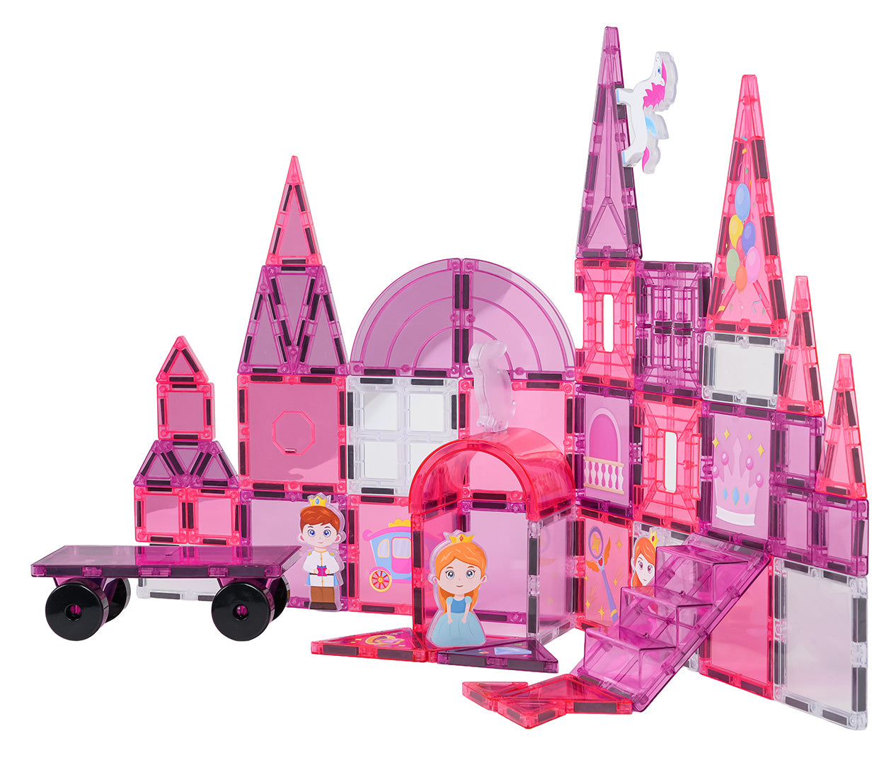 Rozā magnētiskais konstruktors – princeses pils ar vienradzi un ratiņu platformu, 3+”