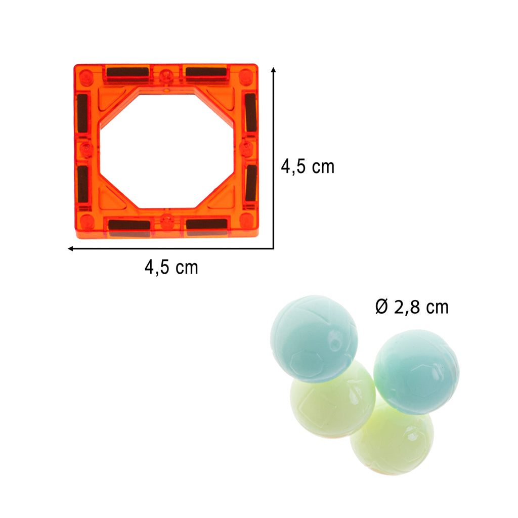 Magnētiskās lodīšu trases elementu izmēri – 4,5 cm magnētiskais bloks un 2,8 cm lodītes