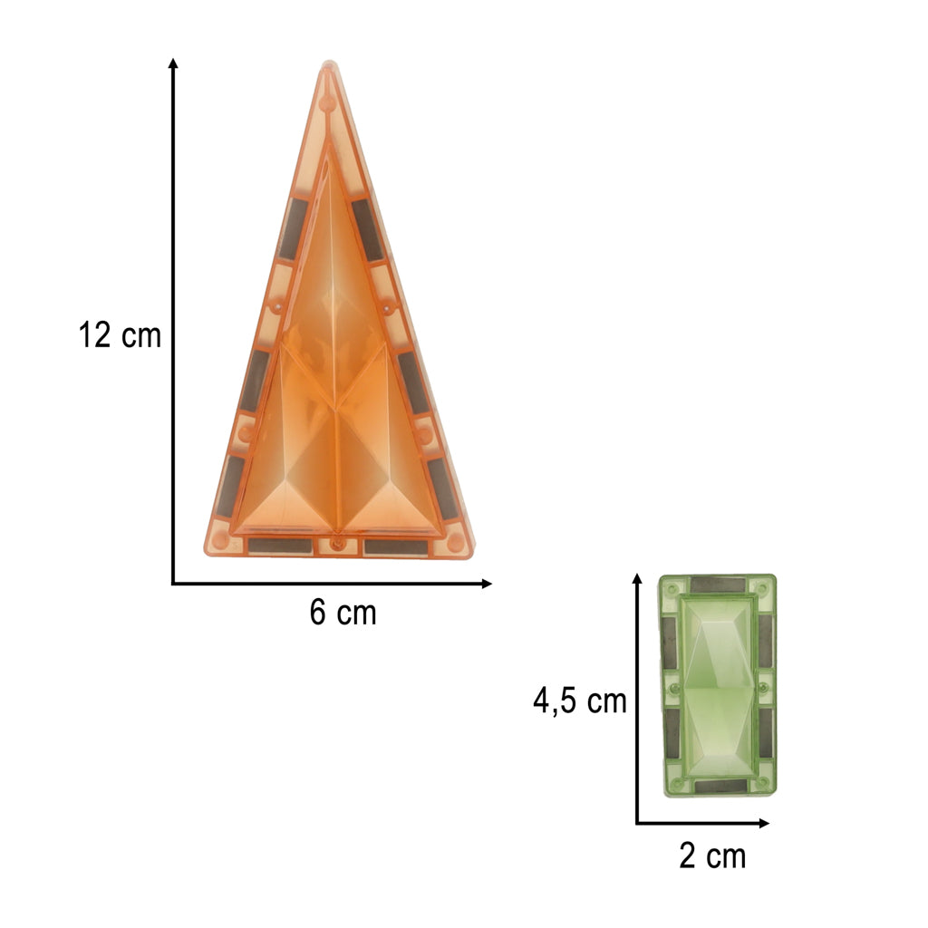 Magnētisko būvklucīšu detaļu izmēri – oranžs trīsstūris 12x6 cm un zaļš taisnstūris 4,5x2 cm
