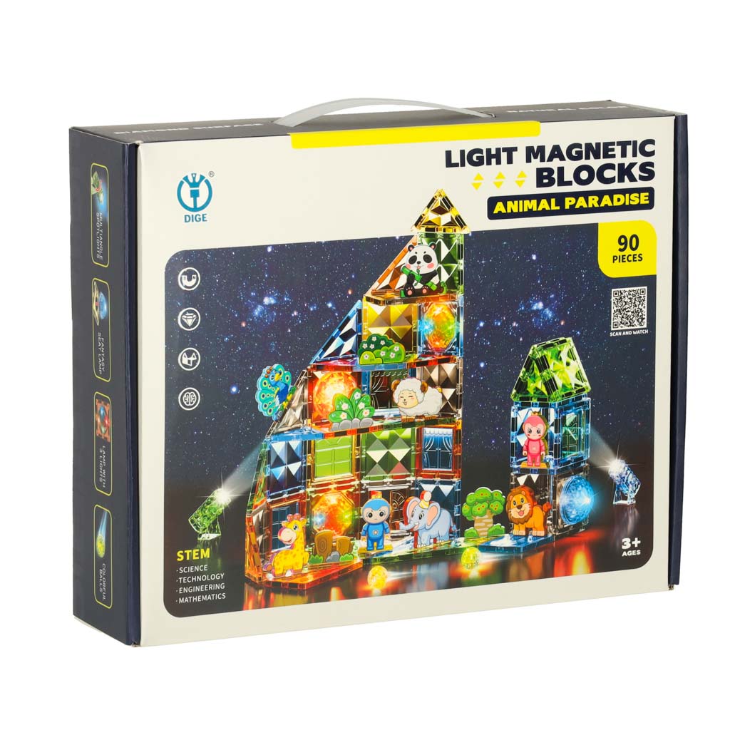 Magnētisko būvklucīšu komplekta kaste Light Magnetic Blocks 90 gab. ar dzīvnieku figūrām