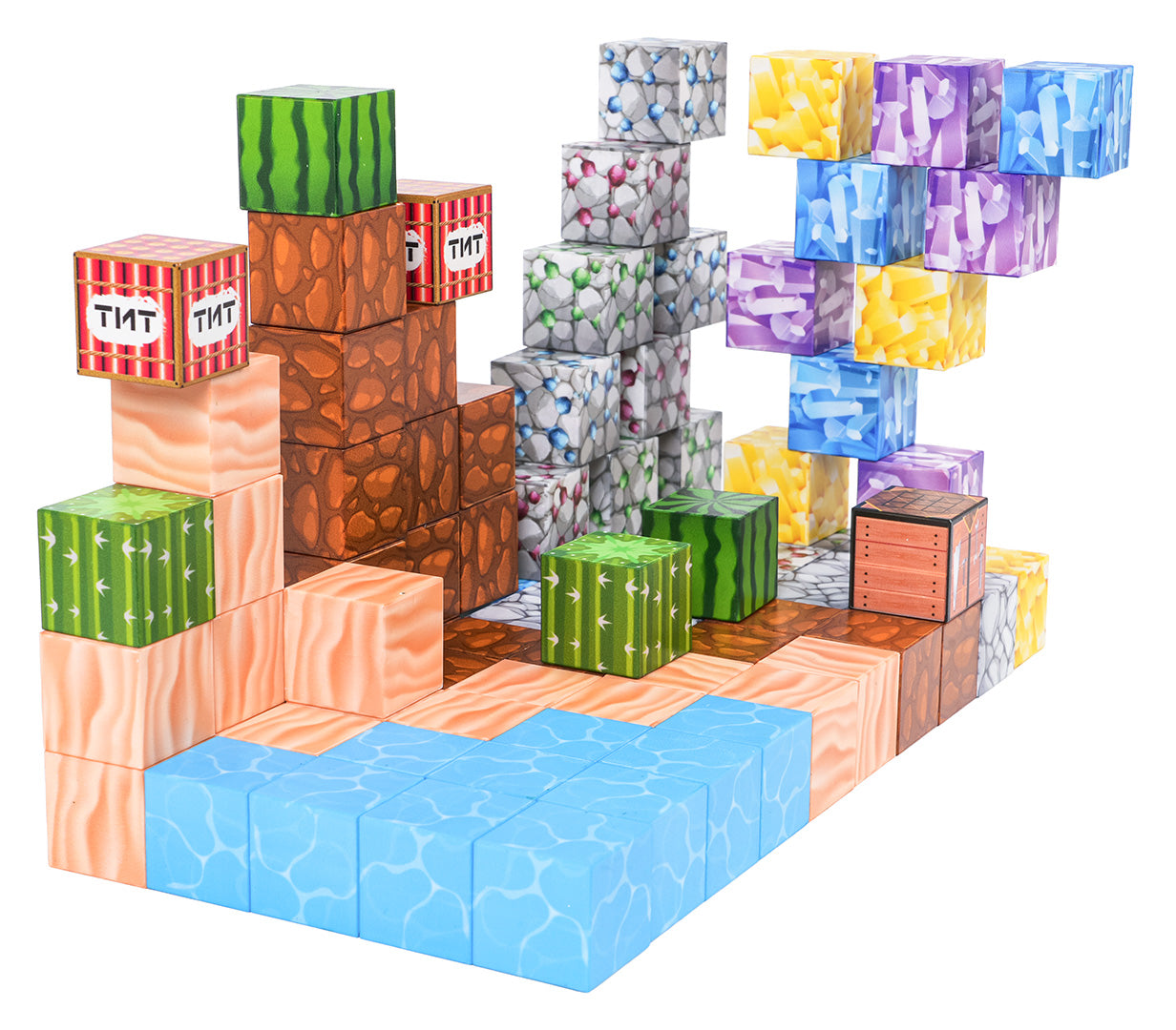 Magnētiskie būvkubi bērniem ar 88 krāsainiem gabaliem – ūdens, zāles, akmens un koka faktūras